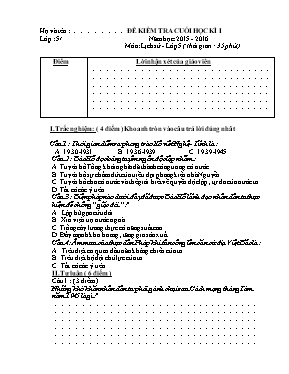 Đề kiểm tra cuối học kỳ 1 môn Lịch sử Lớp 5 - Năm học 2015-2016